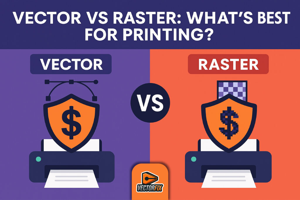 Infographic comparing vector and raster graphics for printing quality and scalability.